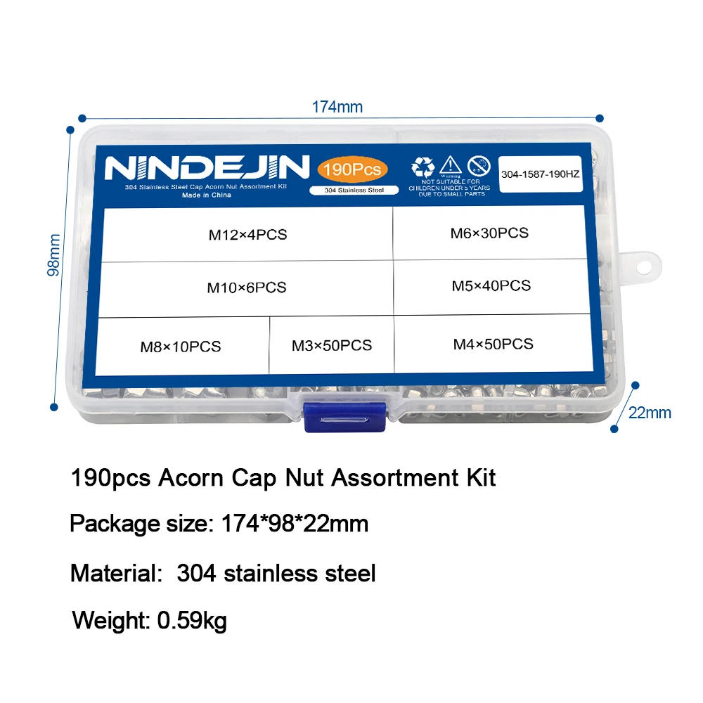 

190pcs Acorn Nut M3 M4 M5 M6 M8 M10 M12 Stainless Steel Hexagon Dome Cap Nut Blind Nut Assortment Kit