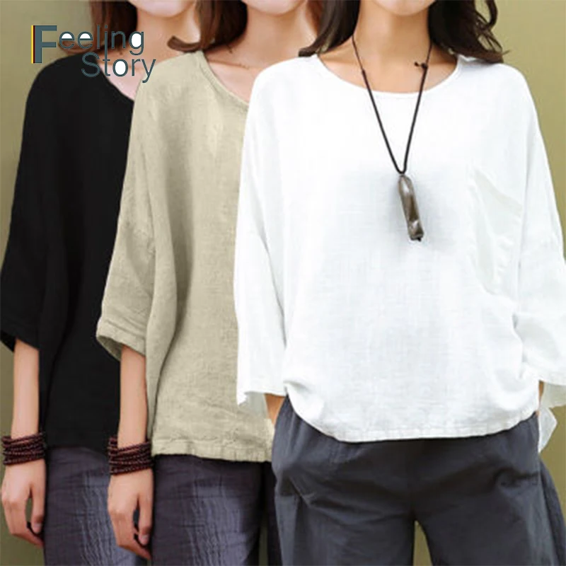 Женская хлопковая льняная блузка размера плюс 5X Повседневная Туника с рукавом