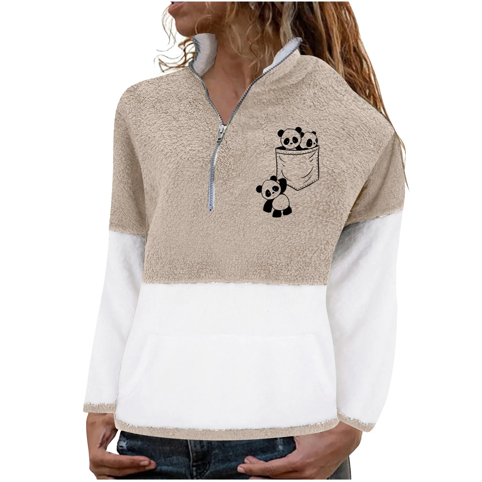 

Women's Sweatshirt Reversible Fleece Patchwork Jacket Cute Printed Turtleneck Zipper Sweatshirts Winter Thicken Female Clothing