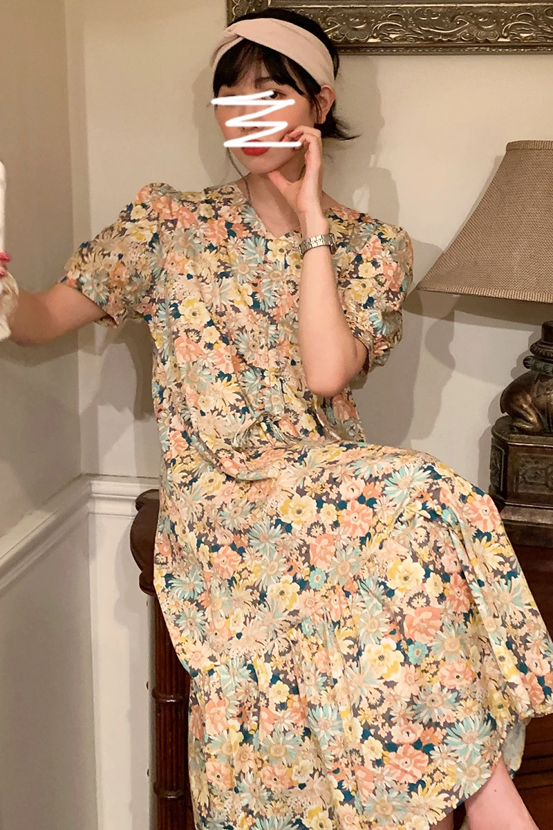 

YAMDI print floral lace up loose dresses summer a-line woman korean 2020 new party short sleeve vintage elegant midi dress women