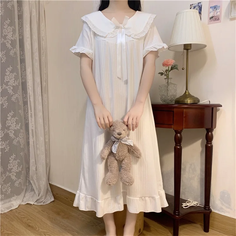 Summer Kawaii Elegant Gauze Blue White Bow Women Girl Pajamas Sweet Chic Chiffon Home Service Mid-Calf Nightdress Women Clothing