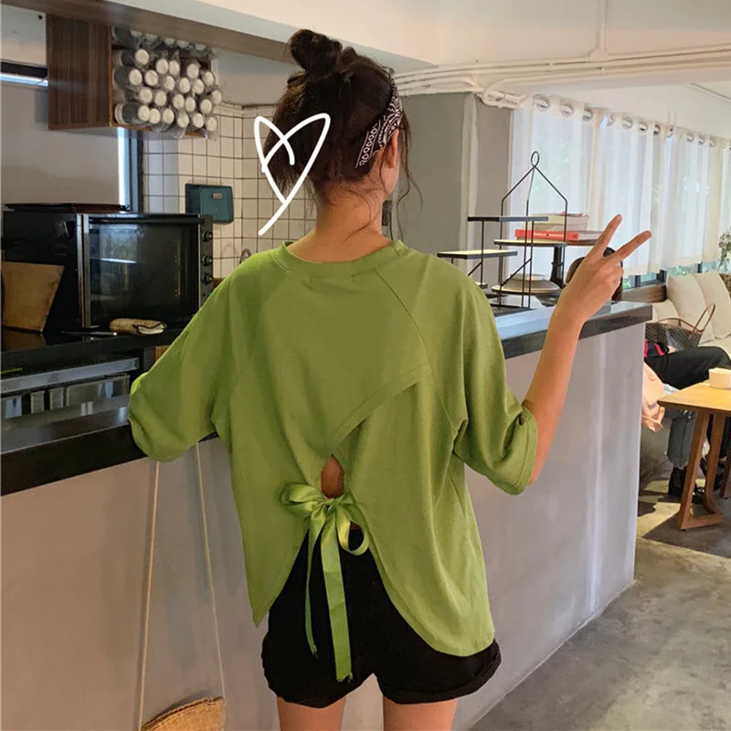 

Women's Clothing Korean New Solid Sweet casual tshirt Tops loose O-neck Half Hollow Out lace-up Backless Tees Summer T-Shirts