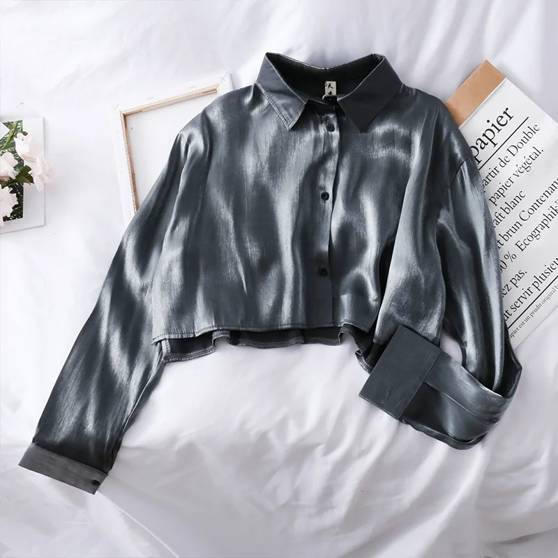 

2021 Spring Fashion Women Long Sleeve Turn-down Collar Short Blouse Top Bright Silk Casual Streetwear Shirts
