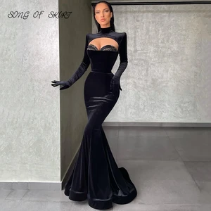 High Neck Velour Black Evening Dresses Mermaid Long Sleeves Party Gowns Dubai Women Fashion Formal 2022 Dress Robe De Soirée