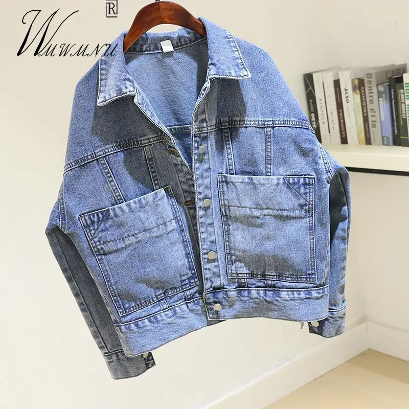 Женская джинсовая куртка с большими карманами повседневная винтажная из денима