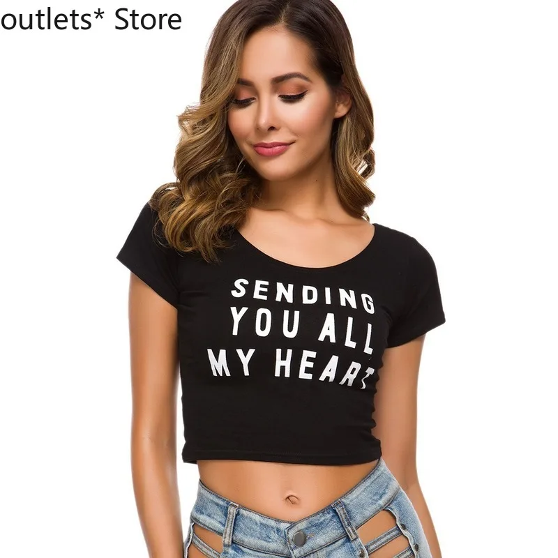 

Summer New Women's T-shirt Crop Top Short Cotton Short-sleeved Sexy Exposed Navel Exposed Waist Shirt Female Letter Vest