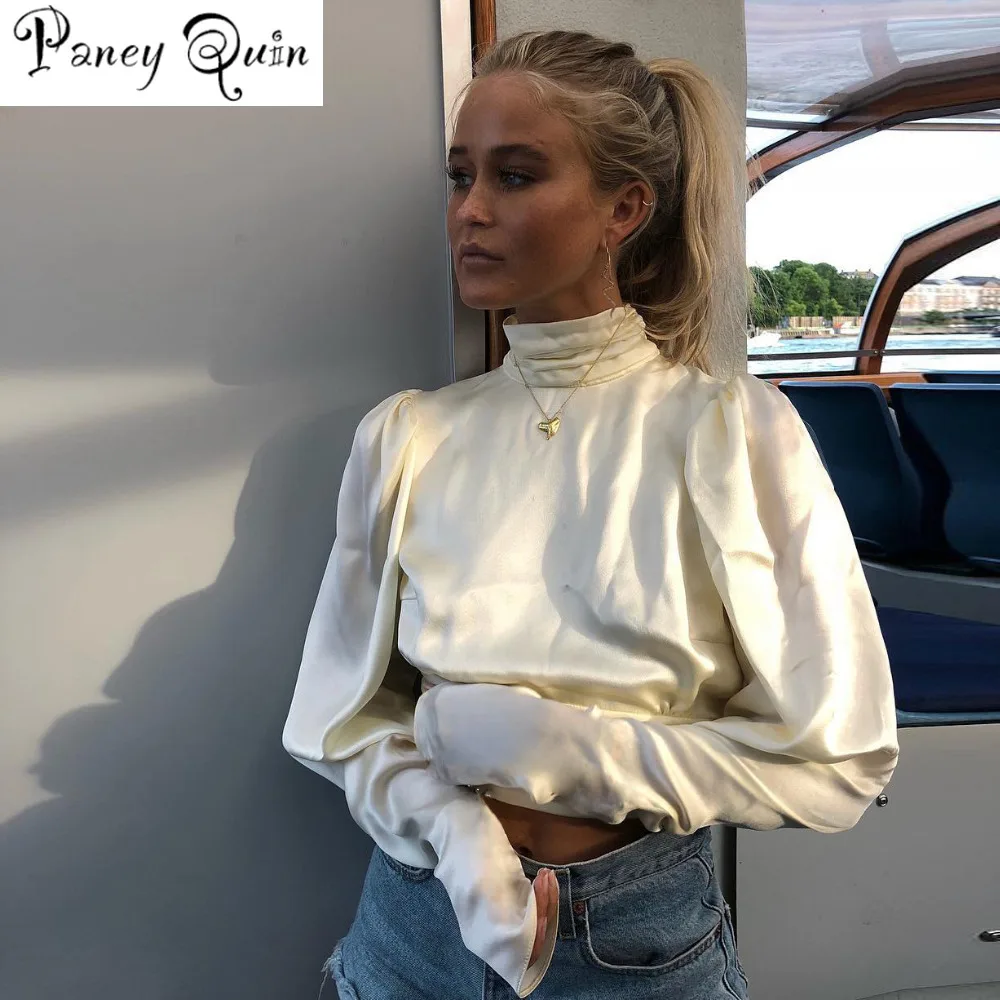 

Elegant Turleneck Satin Slik Blouse Women Shirt Backless Women Blouse Long Sleeve Bow Tie Womens Tops and Blouses blusa feminina