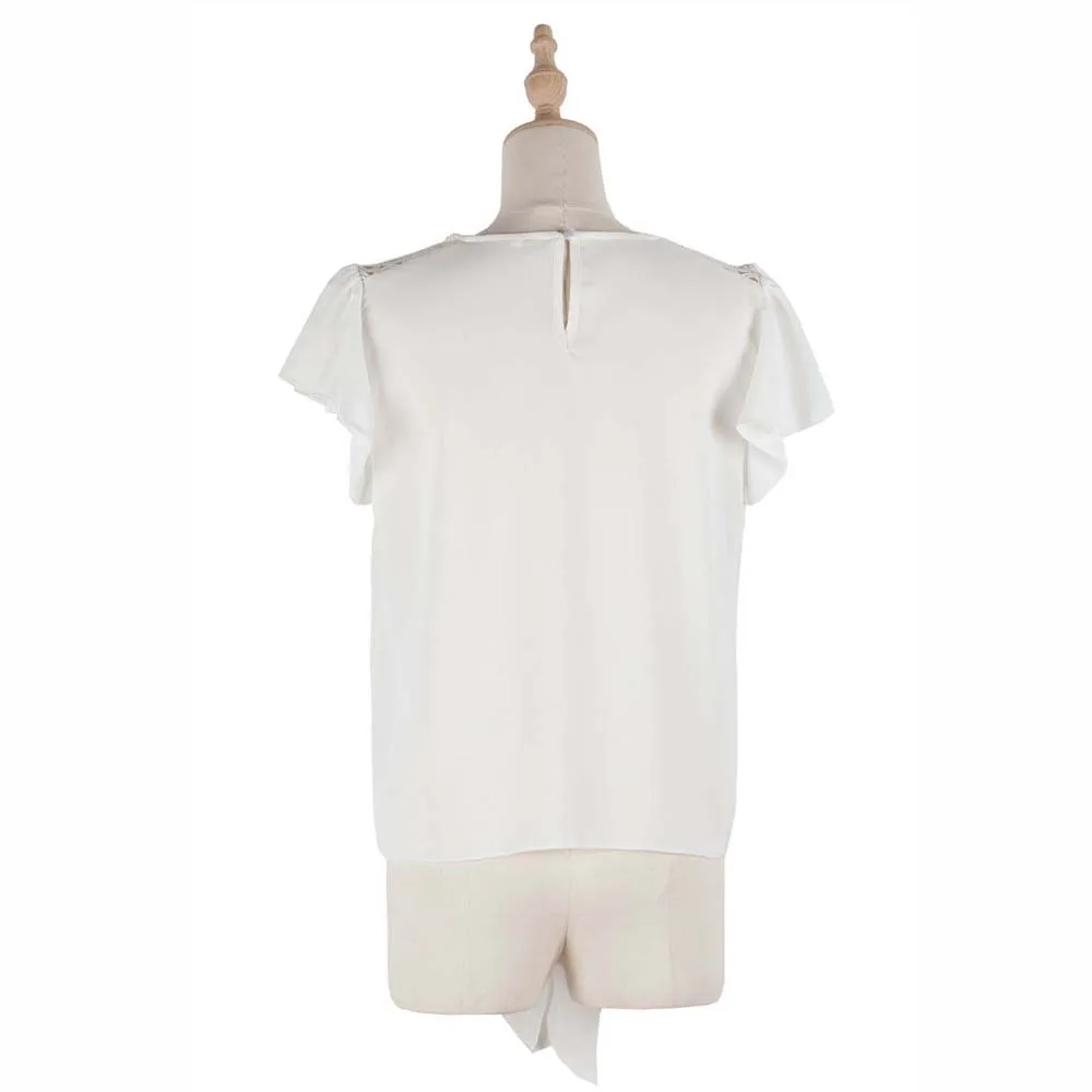 

Summer Womens Bandage Tops Blouses Ruffles Short Sleeve Solid Shirt Women Hollow Out O neck Blouse Blusas Roupa Feminina Shirts