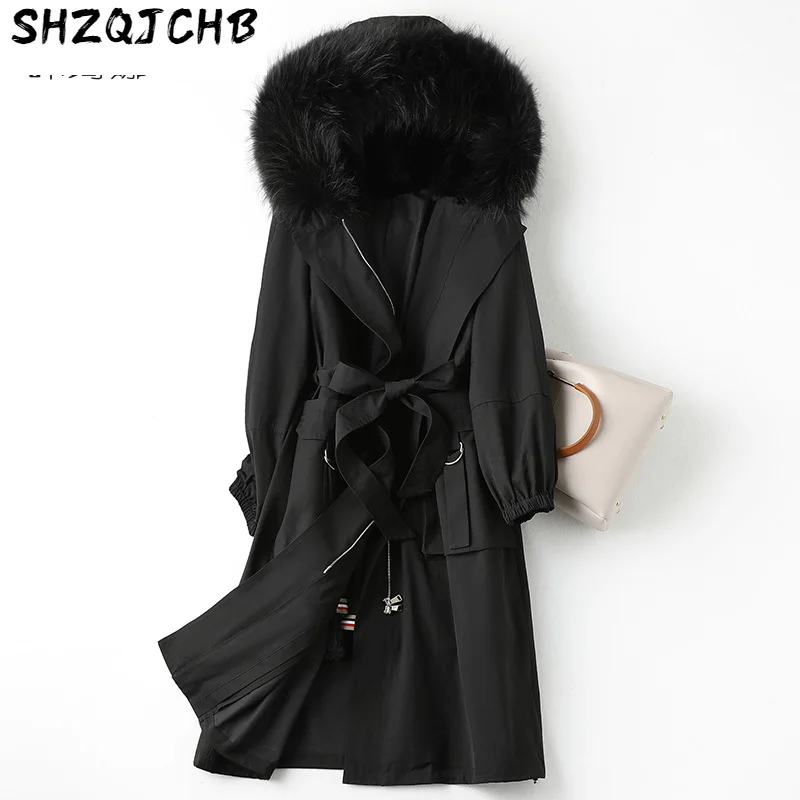 

SHZQ Меховая куртка со съемным воротником из меха енота, длинное меховое пальто из меха кролика Рекс, Женское пальто с закрывающей талией