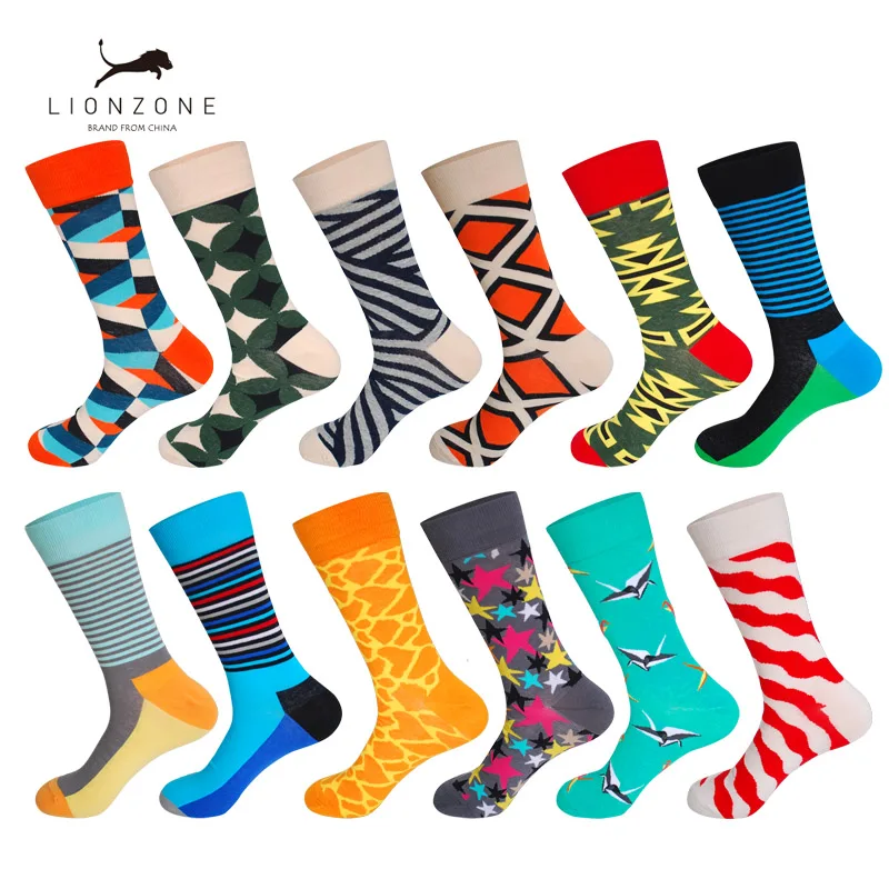 LIONZONE/12 пар/лот мужские забавные Разноцветные носки из чесаного хлопка с