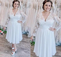 2021 boho short wedding dresses scalloped v neck long sleeves chiffon tea length custom made plus size beach wedding gown vesti