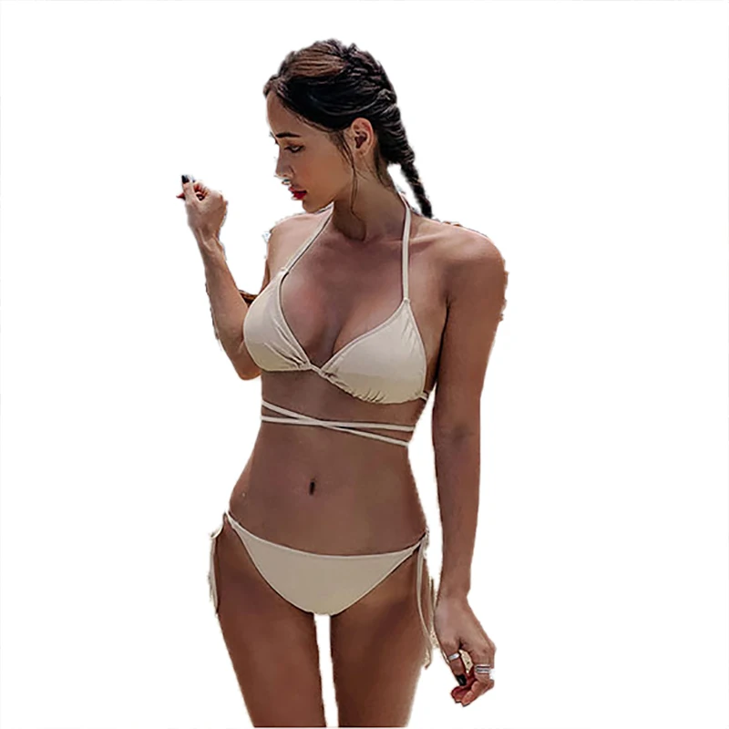 

2021 summer new solid color three-point low-waist lace-up swimsuit ladies sexy bikini