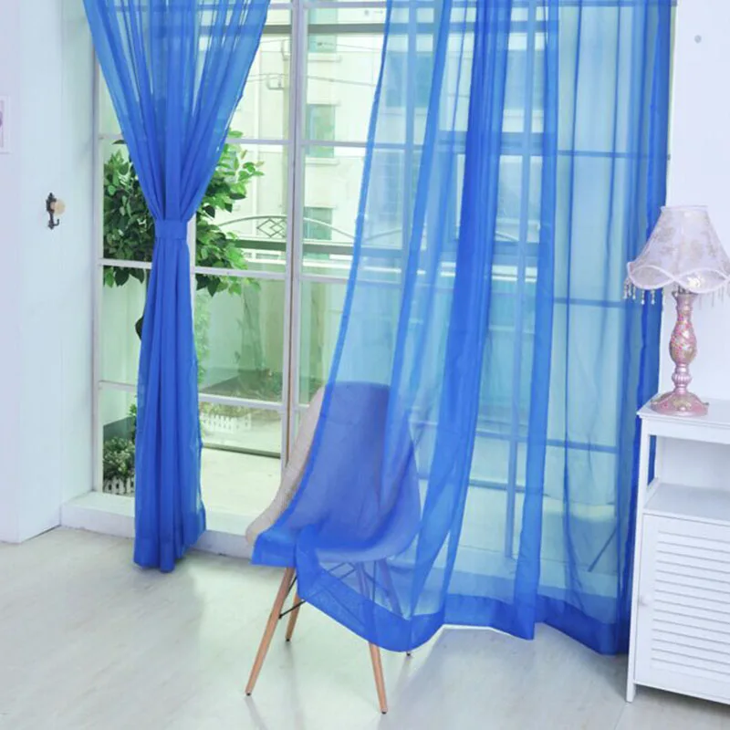 Однотонная Тюлевая занавеска Современная Синяя Прозрачная на окна из вуали для