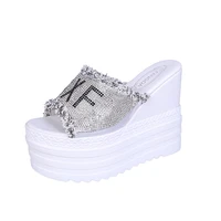 elegant letter crystal wedges slippers for women platform heel 13cm summer sandals ladies shoes height increasing slides