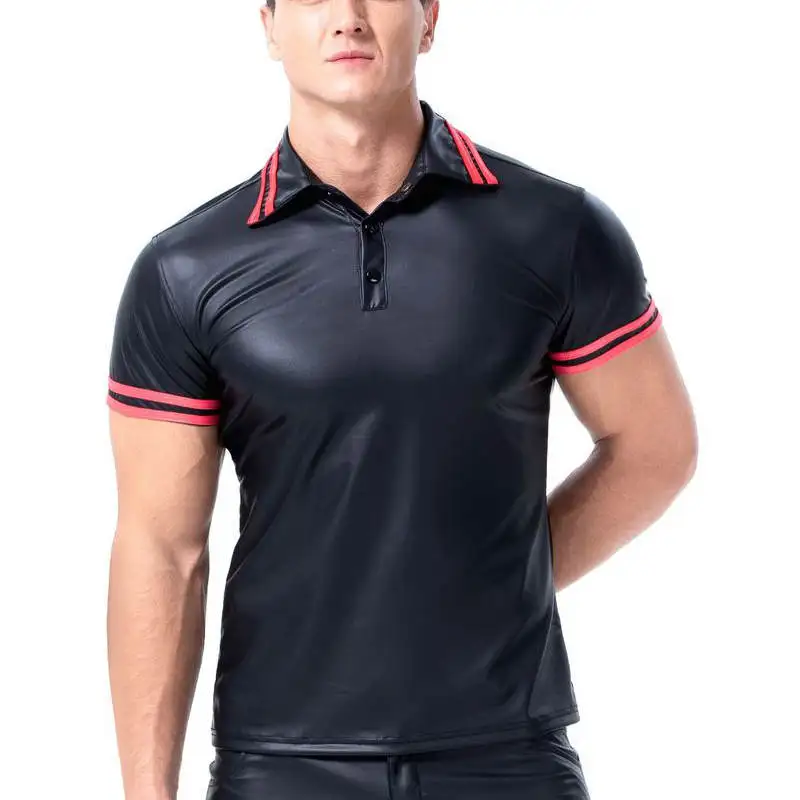 

Men's Slim Undershirt Sexy Polo Shirts Faux Leather Muscle Singlet Fitness Clubwear Short Sleeve Black T-shirt Wet-look Costume