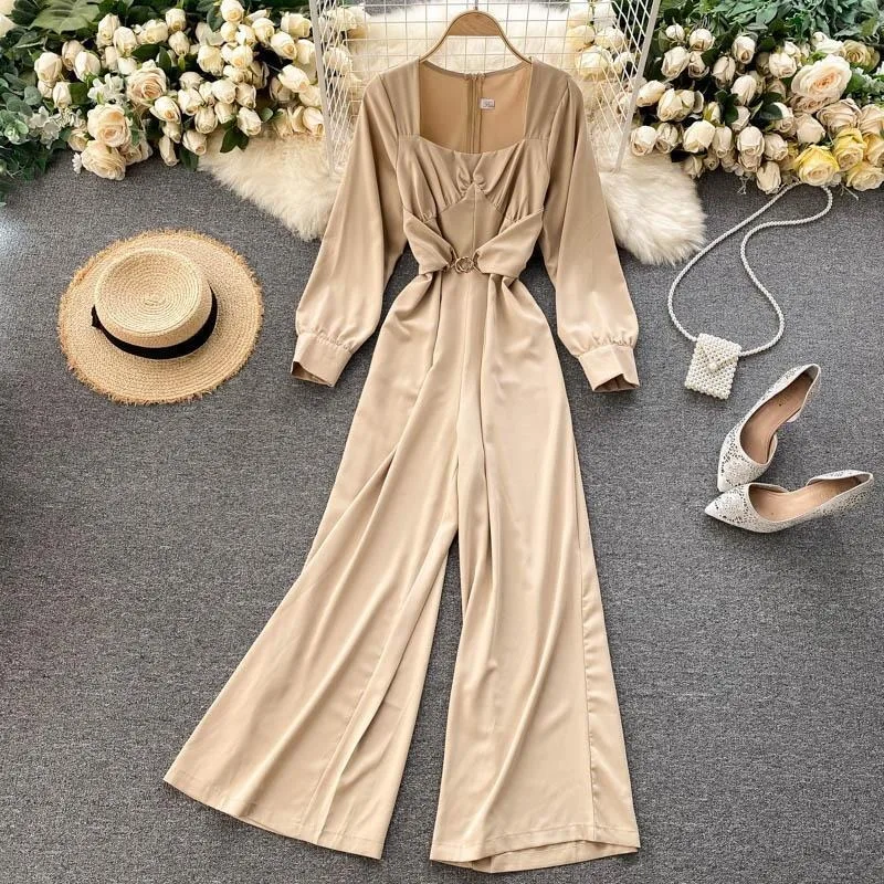 

2021 Spring Autumn New Fashion Elegant Solid Square Collar Romper Women Long Sleeve High Waist Loose Wide Leg Jumpsuits Y648
