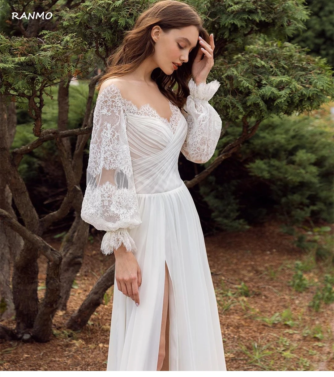 

Boho Lace Chiffon Wedding Dress 2021 Long Puff Sleeves Bohemian Bridal Gown High Split Beach Robe De Mariee Elegant Romantic New