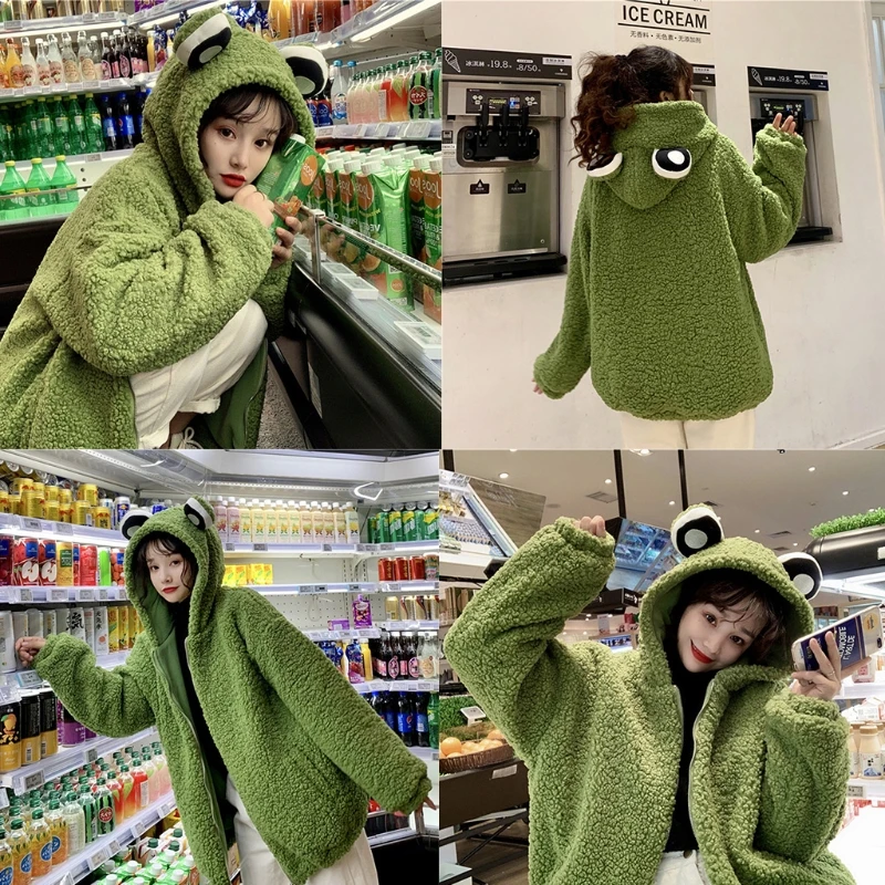 

Women Cute Frog Eyes Zip Up Hoodie Jacket Fuzzy Plush Warm Oversized Loose Coat