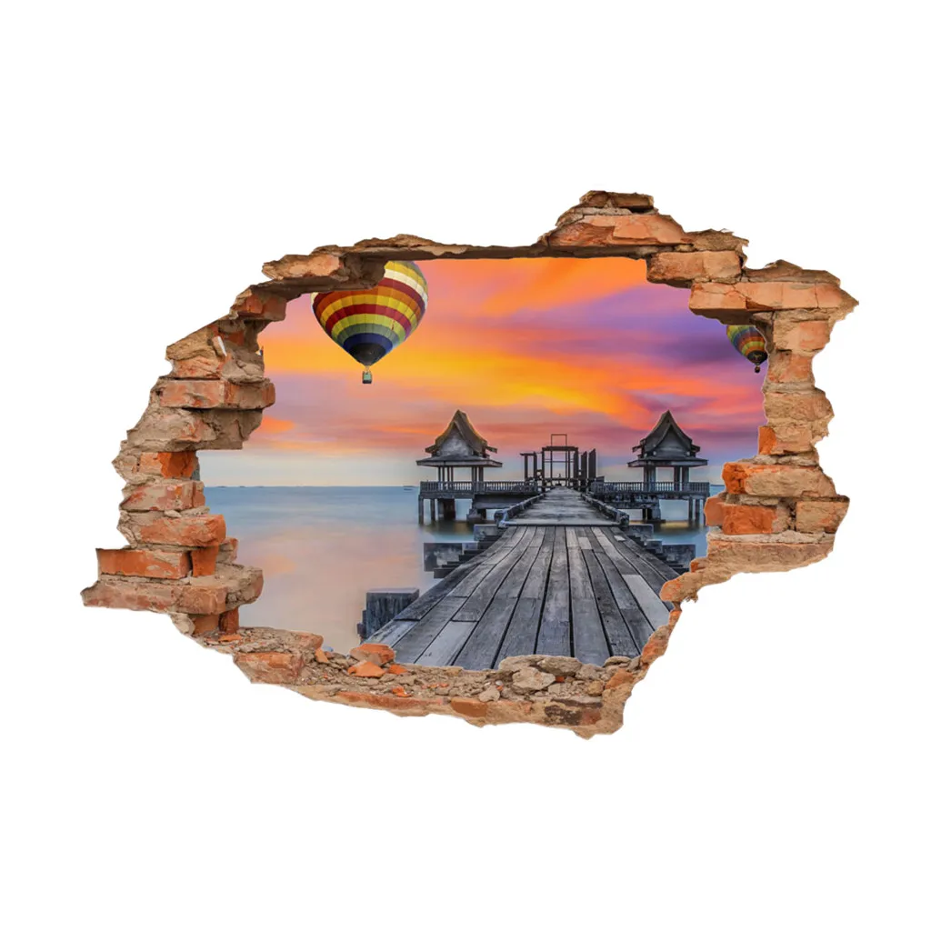 KAKUDER Wall Sticker landscape Ocean Blue Sky 3D Effect Painting Window Hole Home Decals Decor #2 | Дом и сад
