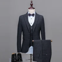 new korean version groom wedding suit three pieces set for men british style business formal plaid trajes novio hombres