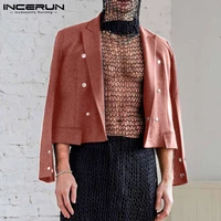 incerun fashion men jackets lapel long sleeve solid color double breasted crop coats streetwear 2021 men thin outerwear s 5xl