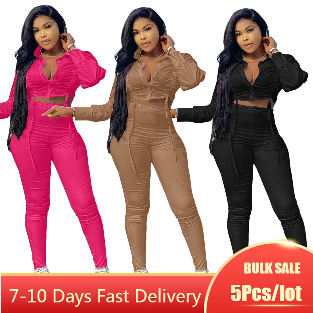 

5PCS Bulk Item Wholesale Lots Casual Two Piece Outfits Women Solid Button Up Crop Tops High Waist Pant Y2k Activewear Tracksuits