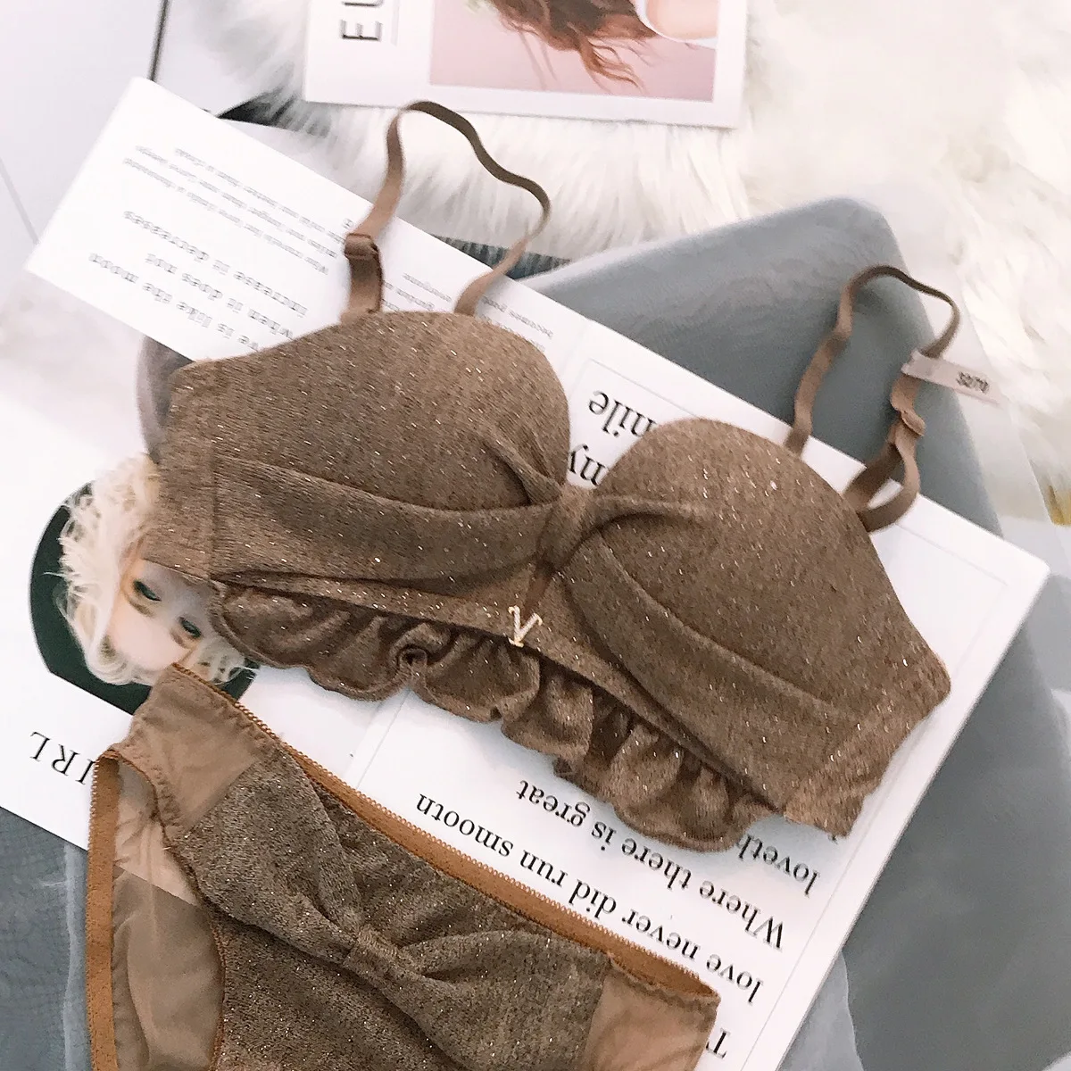 Seemless Non-Steel Ring Bra Set Push Up Off-Shoulder GIRL'S Underwear