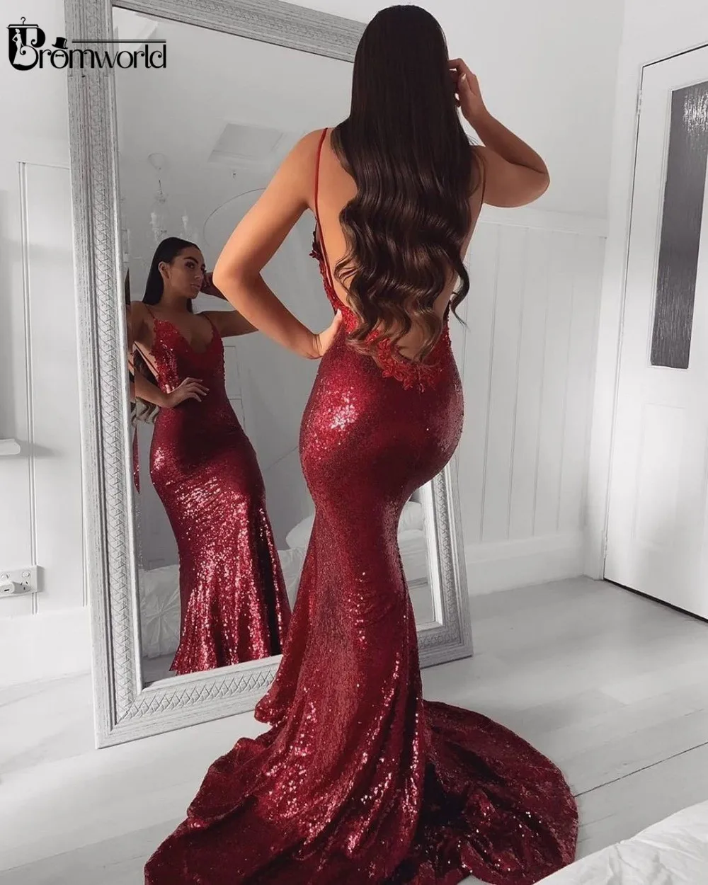

Sexy Burgundy Mermaid Prom Dresses 2021 vestidos de fiesta de noche V-Neck Sequins Backless Party Prom Gown Evening Dress