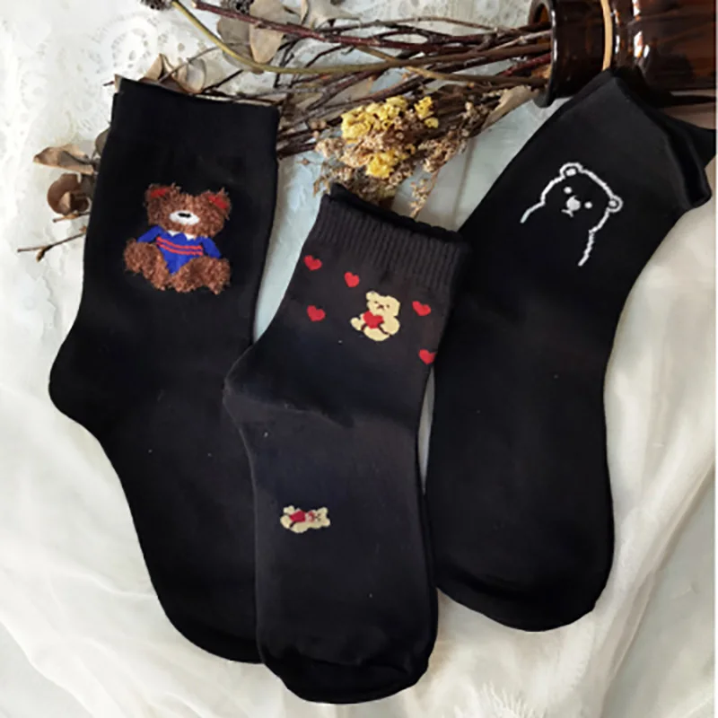 

Spring Winter Japanese Lolita Bear Kawaii Socks Maid Tube Stocking 100% Cotton Sock Black Sweet Soft Ssiter Cosplay Accessories