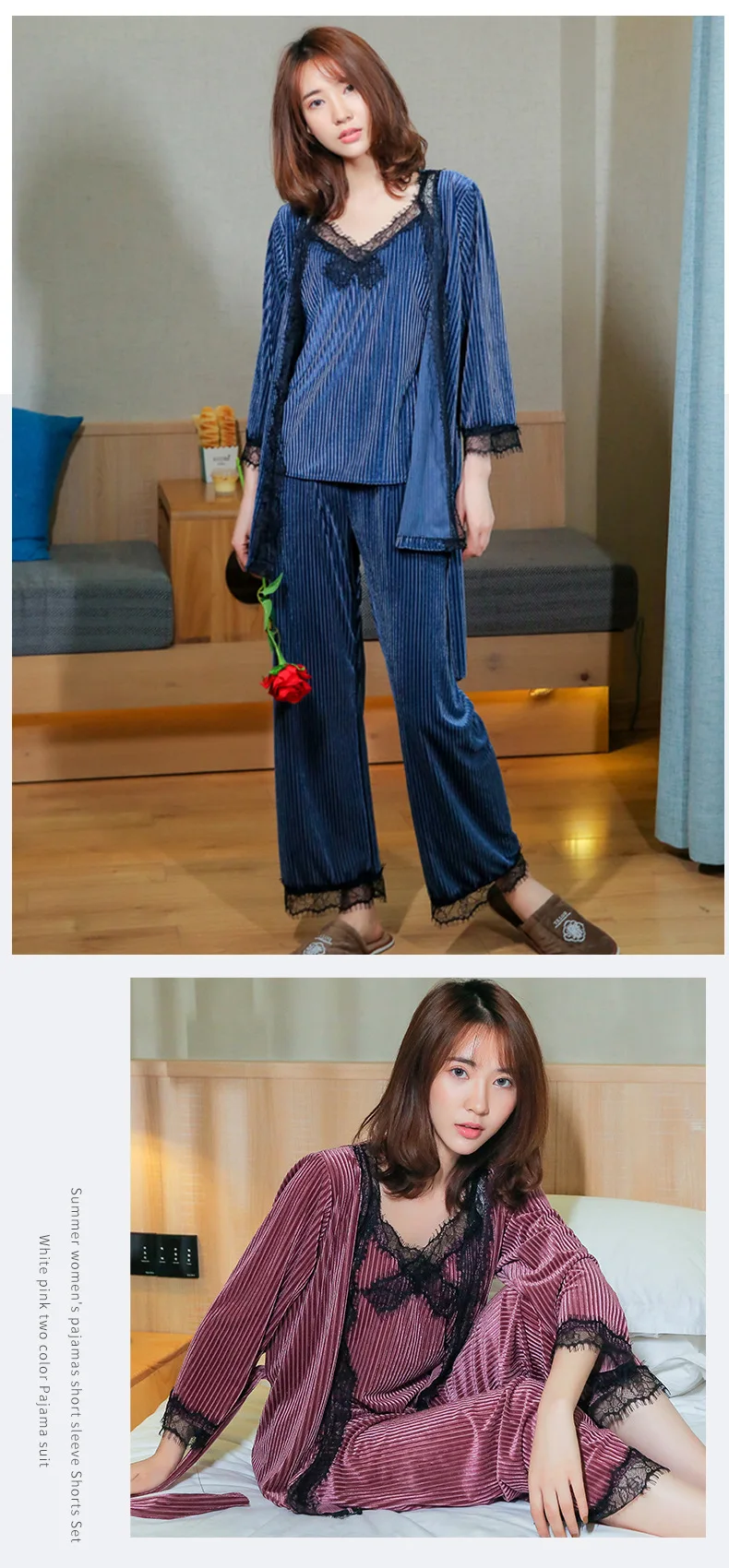 

Fdfklak Korean Women New Velvet 3PCS Lace Sleepwear Set Autumn Winter Pajama Suit Sexy Nightwear Robe Lingerie