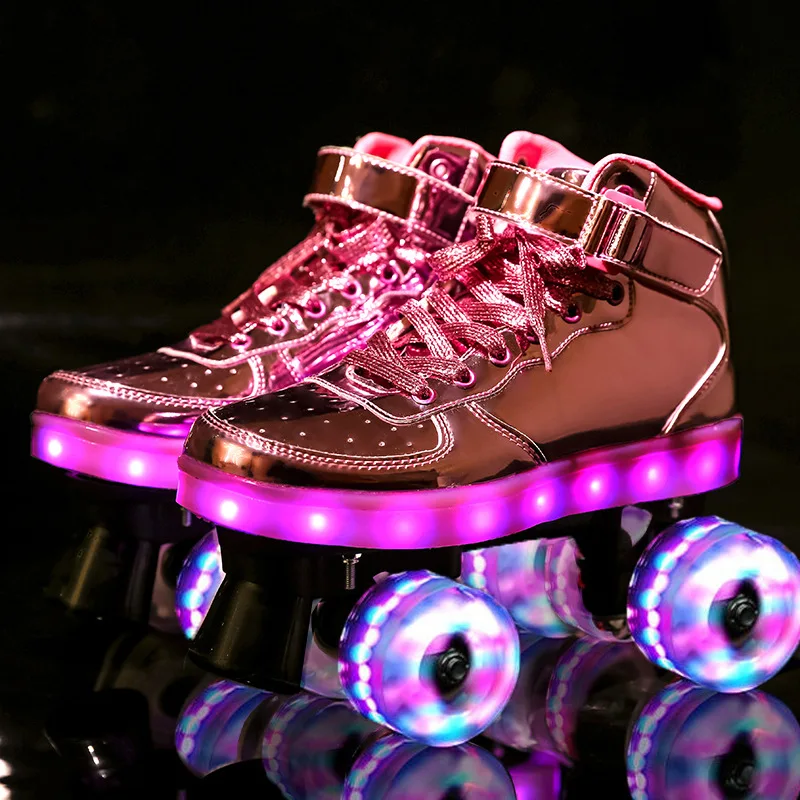 Flash коньки 4 колеса Pu ролика способный преодолевать Броды для взрослых детей USB зарядки кроссовки роликовые
