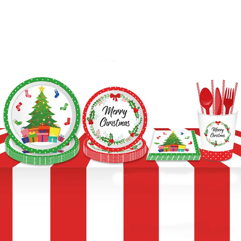 Милые одноразовые столовые приборы для рождественской елки салфетки скатерть