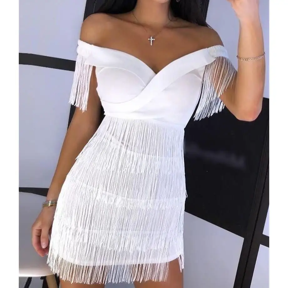 Slash Neck Fringe Pencil Dress Women Tassels Short Sleeve Mini Party High Waist Sexy Club White | Женская одежда