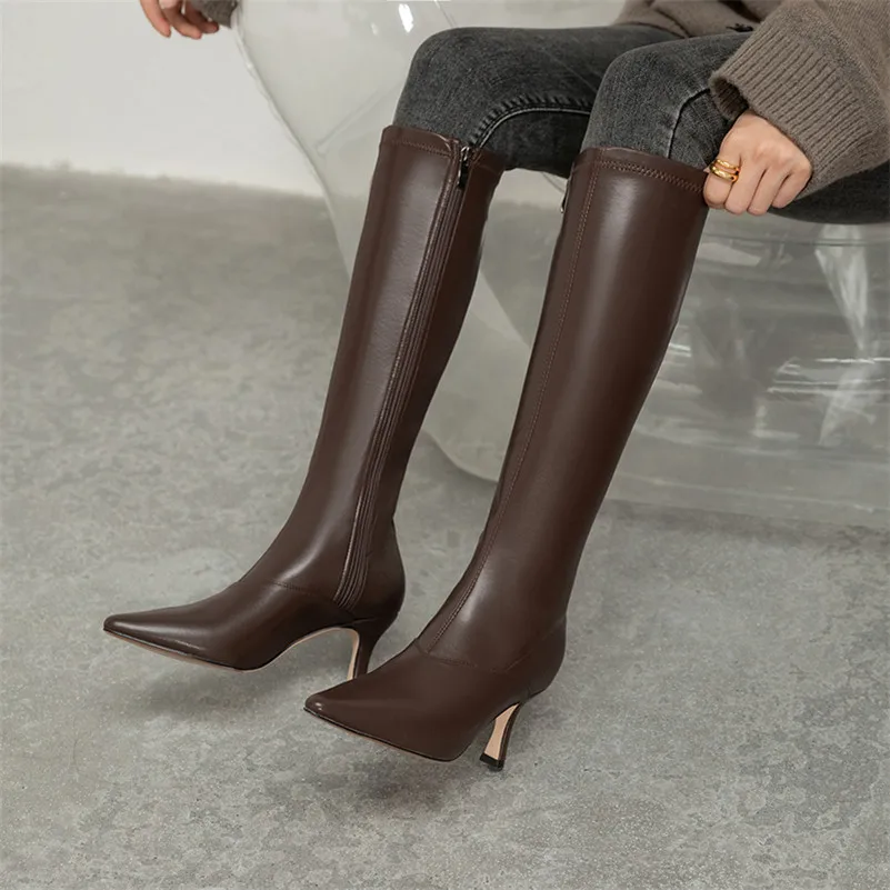 

Meotina Knee High Boots Women Shoes Pointed Toe Thin Heels Lady Boots Zipper High Heel Stretch Long Boots Autumn Winter Beige 40