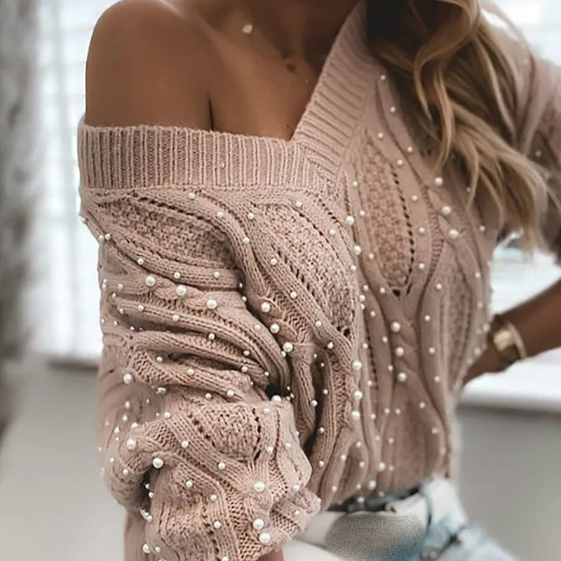 

Женские зимние свитера, пуловер с длинным рукавом и V-образным вырезом, повседневные Осенние Топы с бусинами, модный вязаный свитер с выреза...