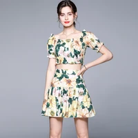 2021 summer backless ruffles floral print women two pieces outfits off shoulder flare sleeves crop top a line mini skirts set