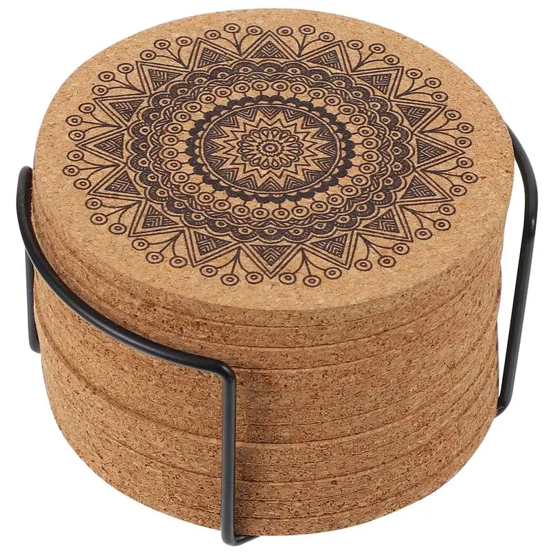 

1 Set Creative Nordic Mandala Design Round Shape Wooden Coasters with Rack