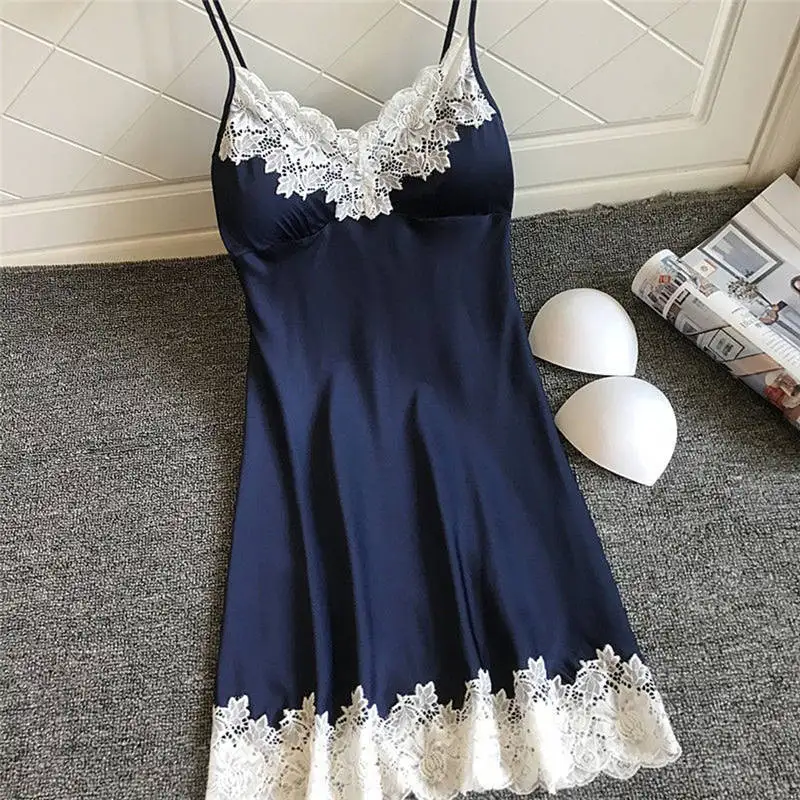 Sexy Women lingerie Sleepwear Dress Women's Dark Blue Satin Lace Comfortable Lingerie Silky Underwear Nightdress Pijamas 661SQ10 | Женская