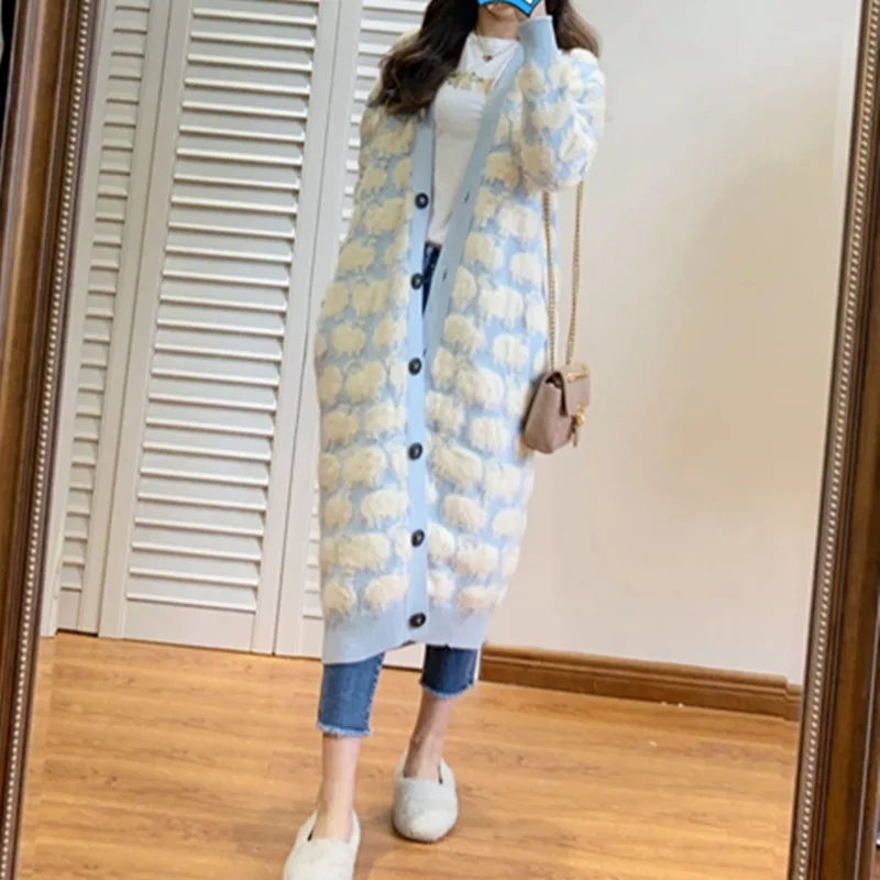 Искусственный норковый кардиган длинный женский Осень зима 2020 овчина жаккард