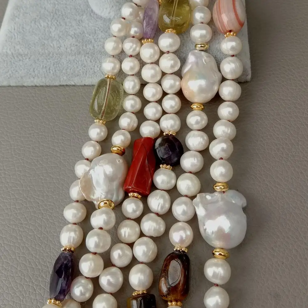 

3 rows Cultured White Pearl Keshi Pearl Multi natural stone nugget Necklace 19"