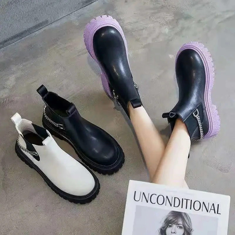 

Girls solid beige black ankle chelsea boots women platform sneakers casual spring shoes 2022 fashion school style