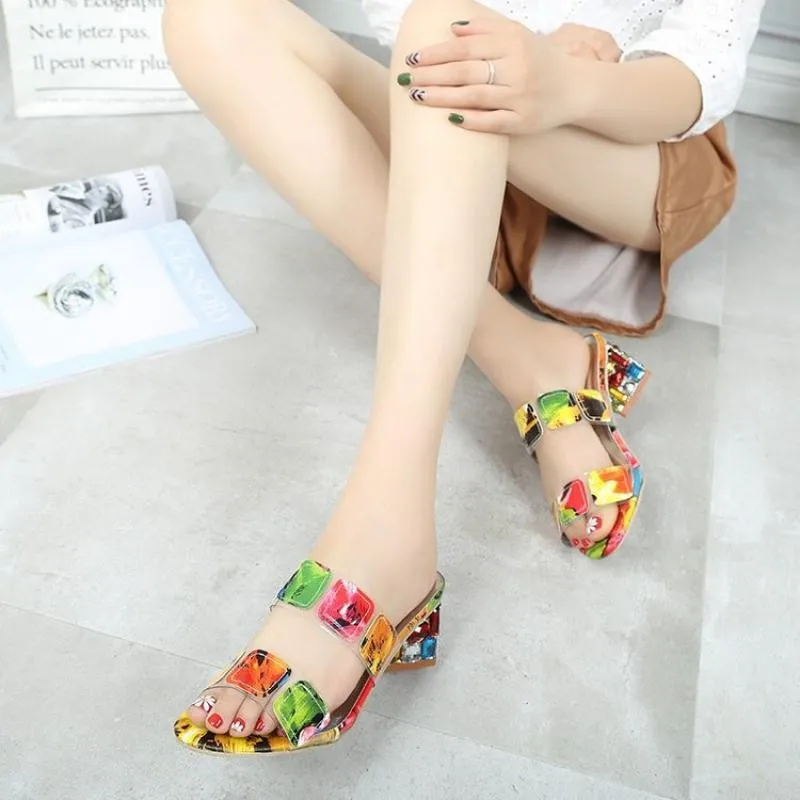 Summer Ladies Sandals One-line Mid-heel Ladies High Heels Colorful Sandals And Slippers Feminine Color Matching Party Shoes