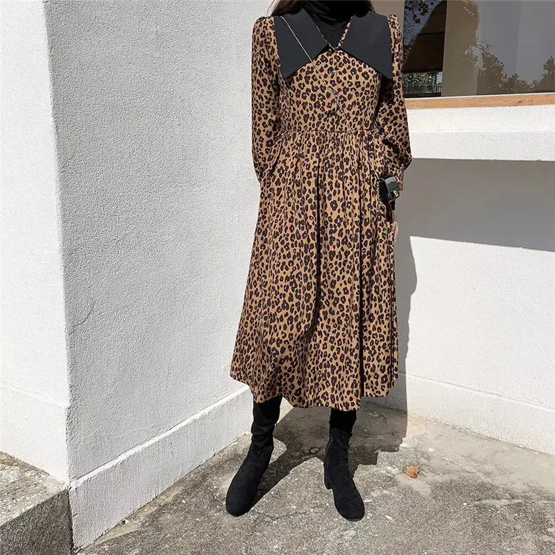 

HziriP 2020 Chic Stylish Office Lady Bow-Collar Waist-Controlled Leopard Vintage Sexy Feminine Female All Match Long Dresses
