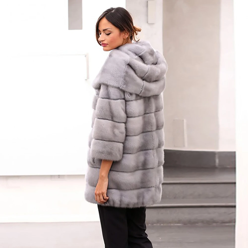 Трендовые Новые Натуральные норковые шубы для женщин, верхняя одежда, теплые шубы с капюшоном из натурального меха норки, зимние куртки, MKW-240