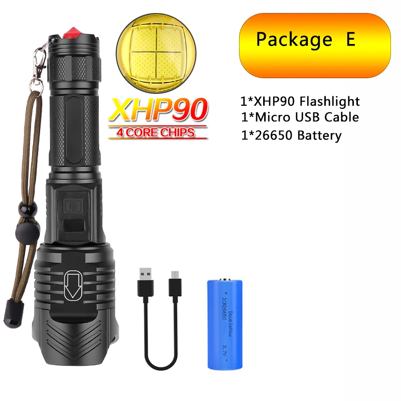 Package E Супер яркий светодиодный фонарь XHP90, перезаряжаемый, водонепроницаемый, фонарь с молотком Безопасности на открытом воздухе, батарея 26650, бесступенчатая лампа с затемнением - Испускаемый цвет: Package E