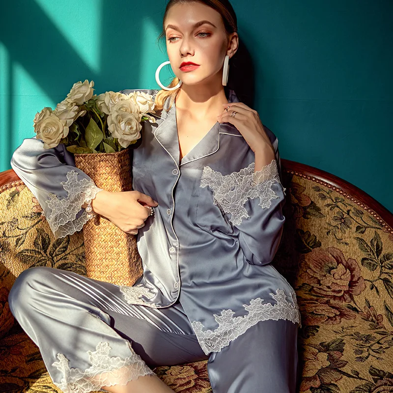 

Women Sleepwear Casual Grey Pajamas Satin 2PCS Shirt&Pants PJS Set With Lace 2021 New Nightwear Lounge Wear Soft Lingerie
