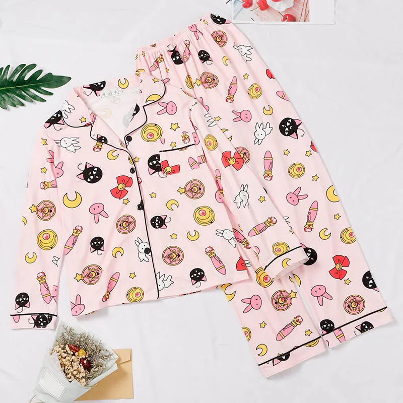 

Spring Print Womens Home Wear Pink Long Sleeve Pocket Sweet Pajamas Sets Female Sleepwear 2020 Autumn Casual Ladies Home Clothes