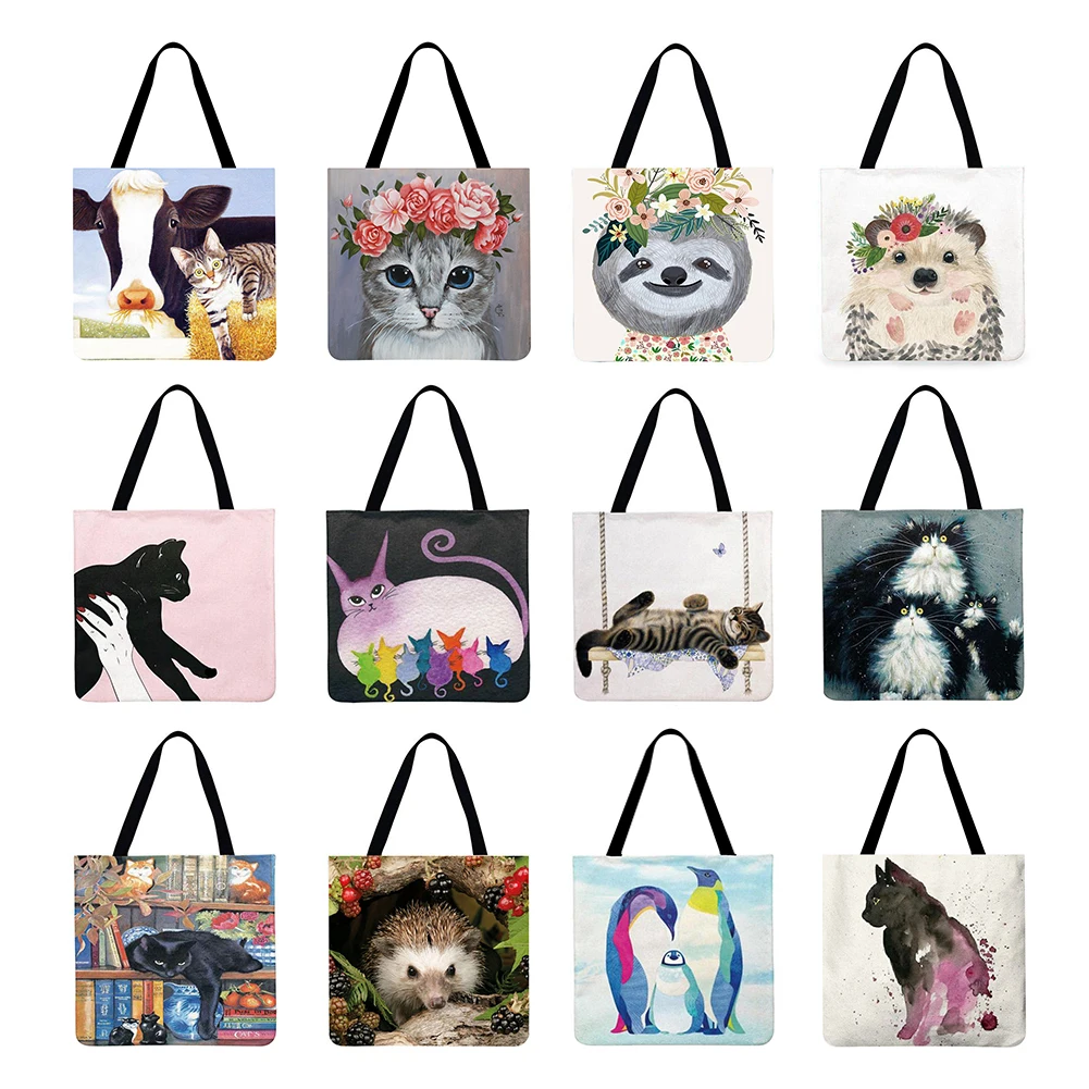 

Reusable Linen Shopping Handbags Casual Ladies Animals Printed Pattern Tote Square Large Capacity Storage Bag
