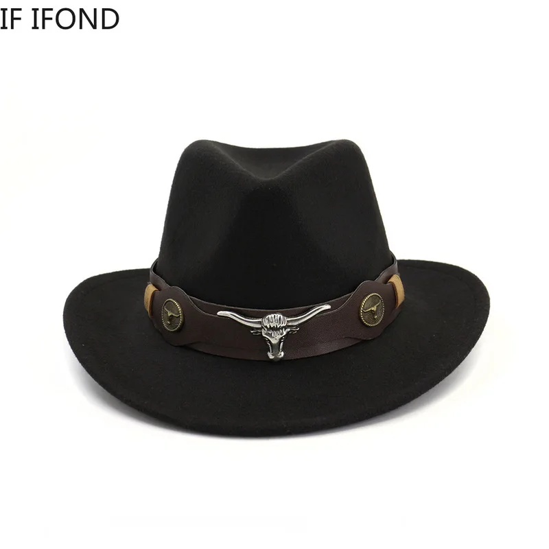

Women's Men's British style Retro Western cowboy hat wool wide belt punk cowgirl jazz hat leather cap Godfather Cap Size 56-58CM