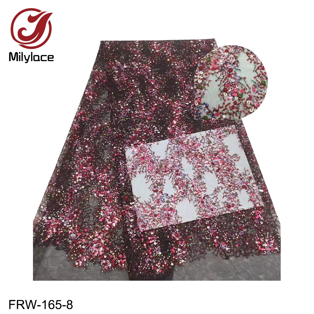 

Milylace new African lace fabric with beads and squins 5 yards embroidery tulle lace fabric material for party dresses FRW-165